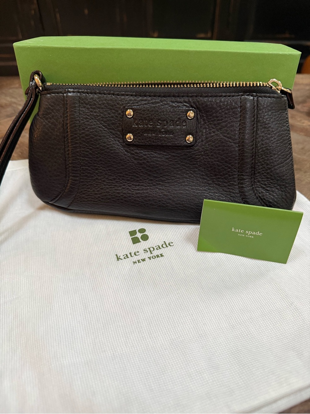 Kate Spade Black Pebbled Leather Wristlet Clutch w/ Gold Hardware, Box & Dustbag